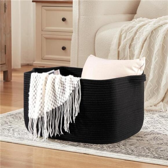 Large Black Woven Blanket Basket Cotton Rope Storage Bin for Toys Towels Laundry - Picture 4 of 8